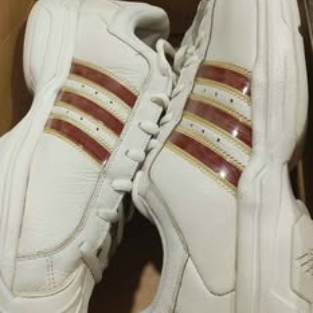 Adidas White Sneakers with Red and Gold Accents